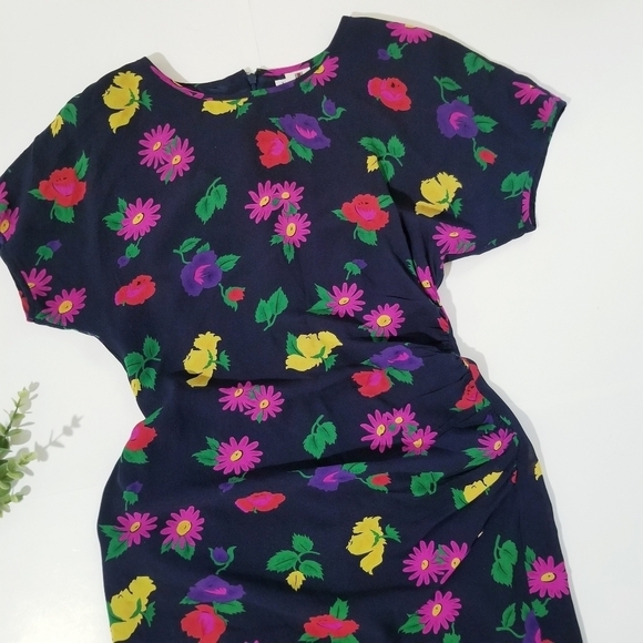 UNGARO Ter Vintage 80s Navy & Multi Silk Floral Print Dress - Picture 6 of 13
